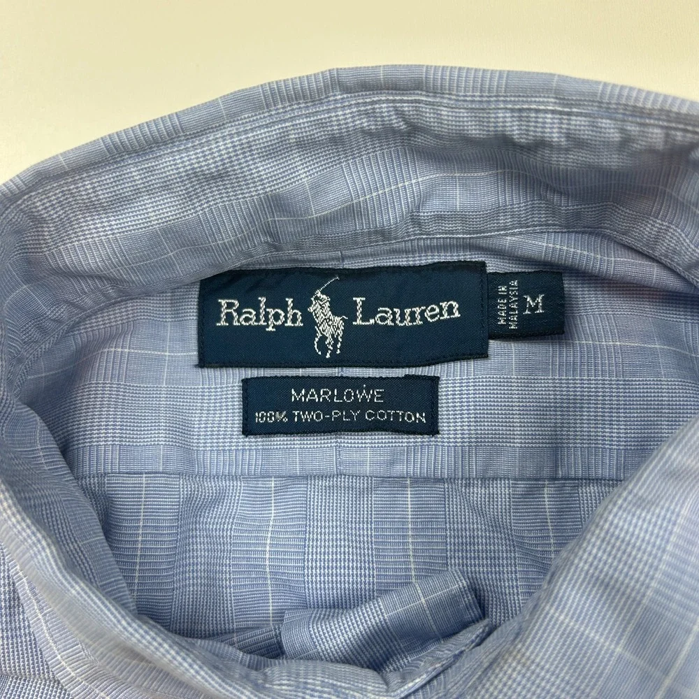 Ralph Lauren Marlowe Mens Medium Blue Plaid Button Down Shirt Two-Ply Cotton